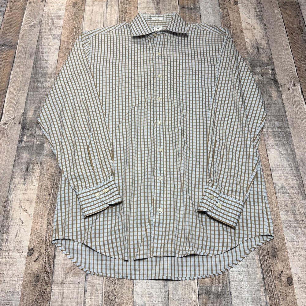 Peter Millar Shirt Mens Large Blue Tan Check Plaid Button Down Casual Classic